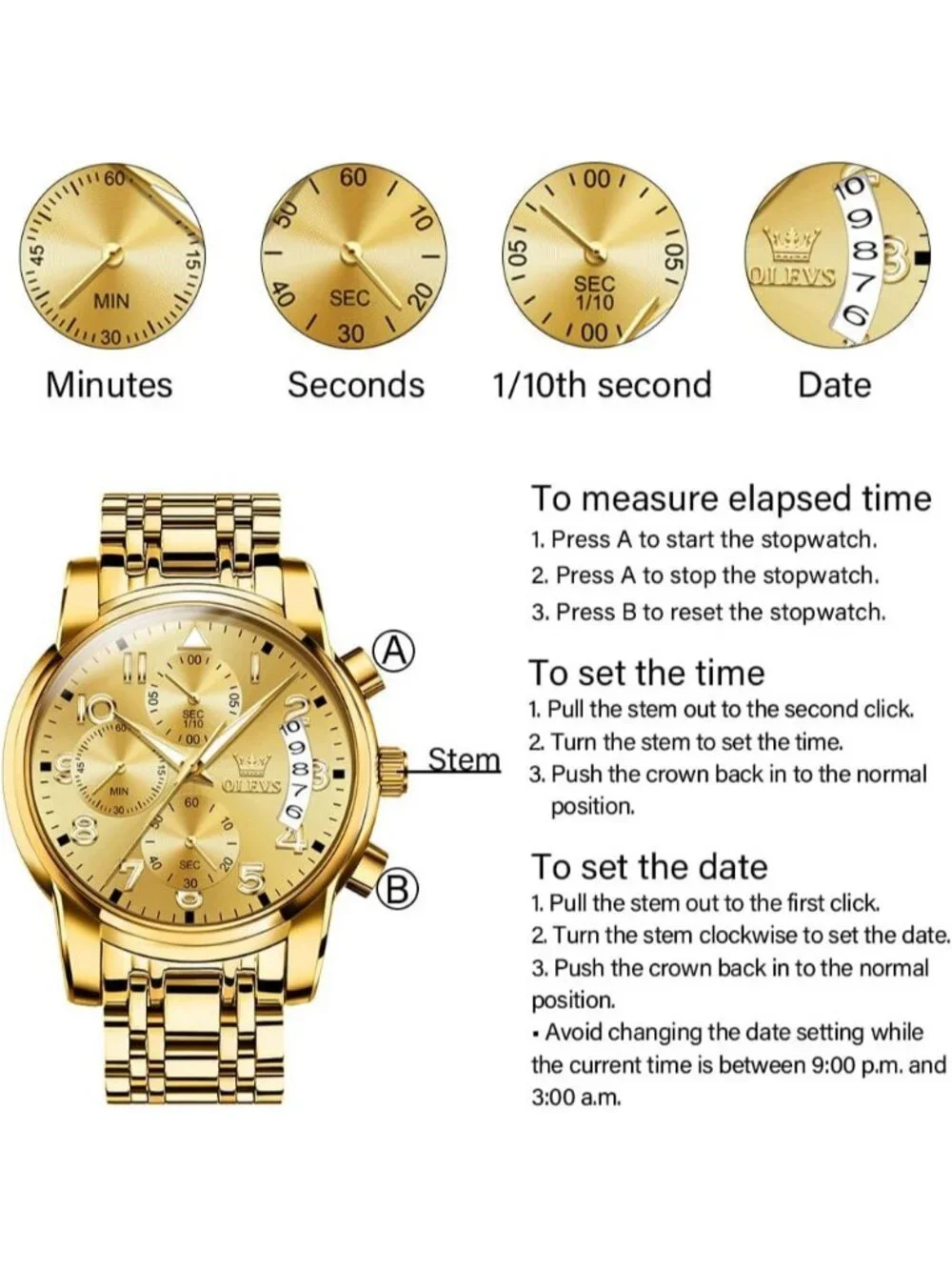 Men's Gold Face/Gold Band Stainless Steel Chronograph Waterproof Wrist Watch